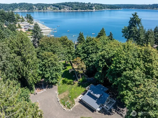 an aerial view of a house with a lake view