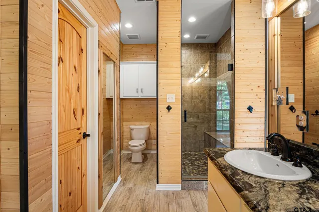a bathroom with a sink a toilet and shower