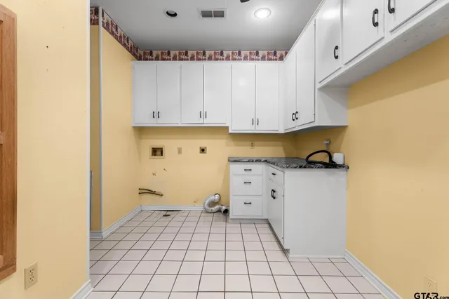 a view of kitchen with white cabinets