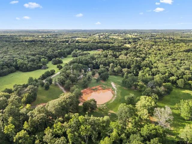 an aerial view of residential houses with outdoor space and trees
