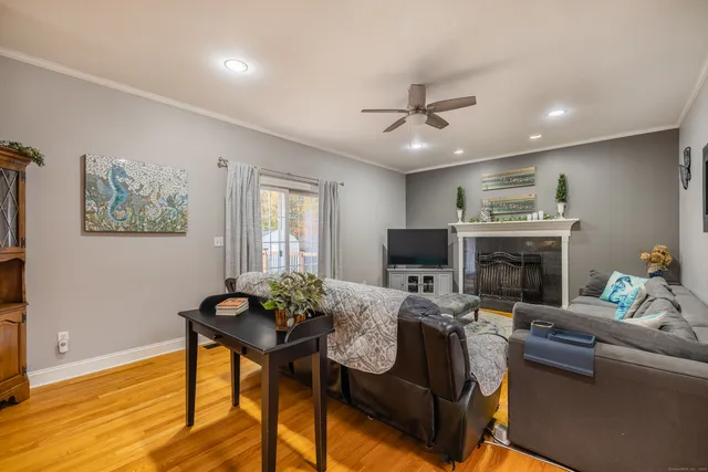a living room with furniture and a fireplace