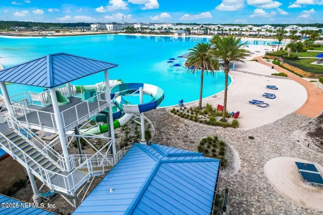an aerial view of a swimming pool
