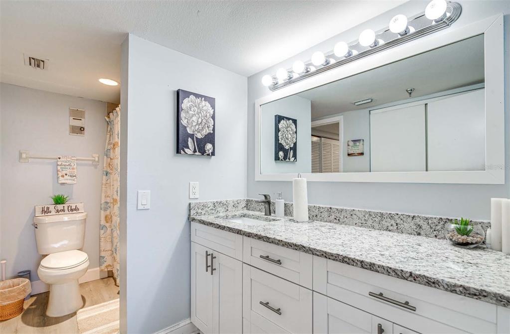 5915 Sea Ranch Drive, Unit 310 Hudson, FL 34667 - Photo 12 of 25 a bathroom with a granite countertop sink a toilet and a mirror
