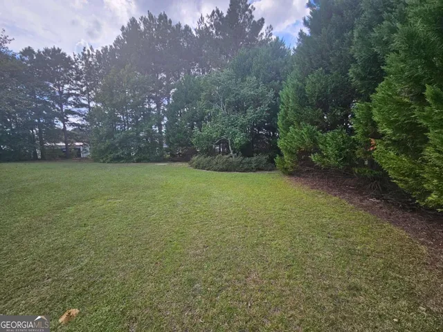 a view of a field with an trees in the background