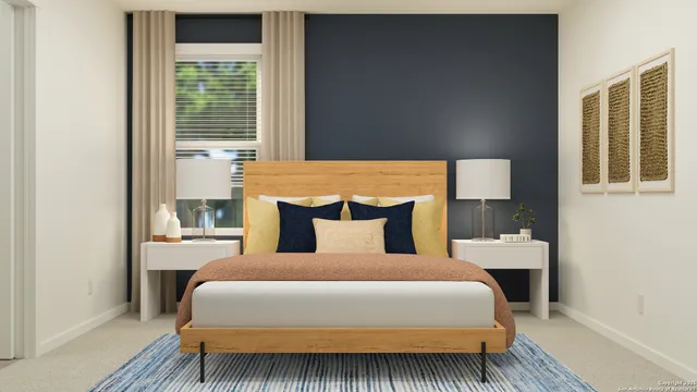 a bedroom with a bed and windows