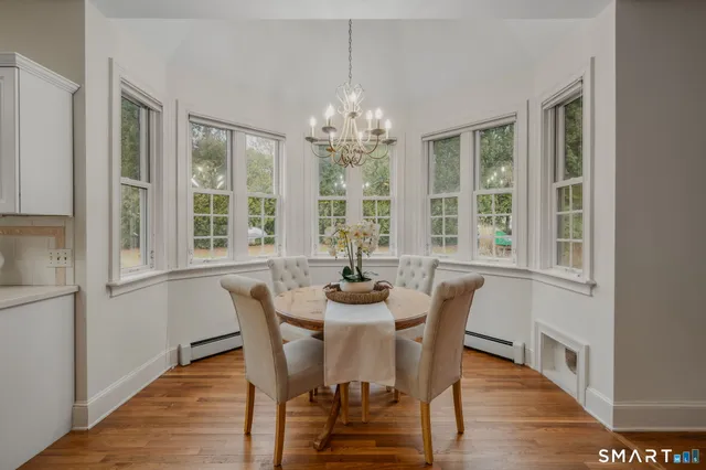 a dining room with furniture window wooden floor