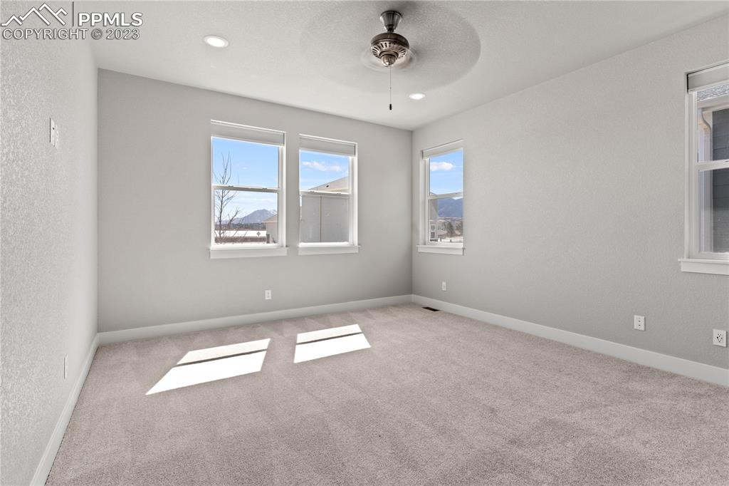 2155 Coyote Mint Drive Monument, CO 80132 - Photo 21 of 45 an empty room with windows and chandelier fan