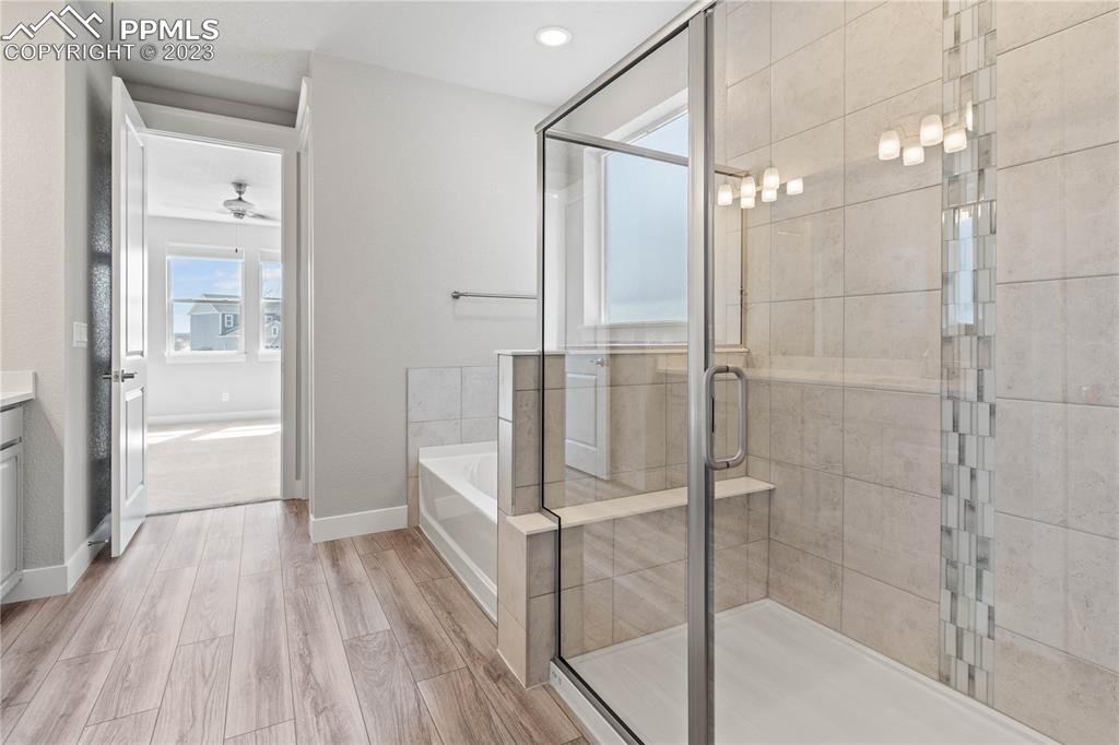 2155 Coyote Mint Drive Monument, CO 80132 - Photo 26 of 45 a bathroom with a glass shower door and a glass door