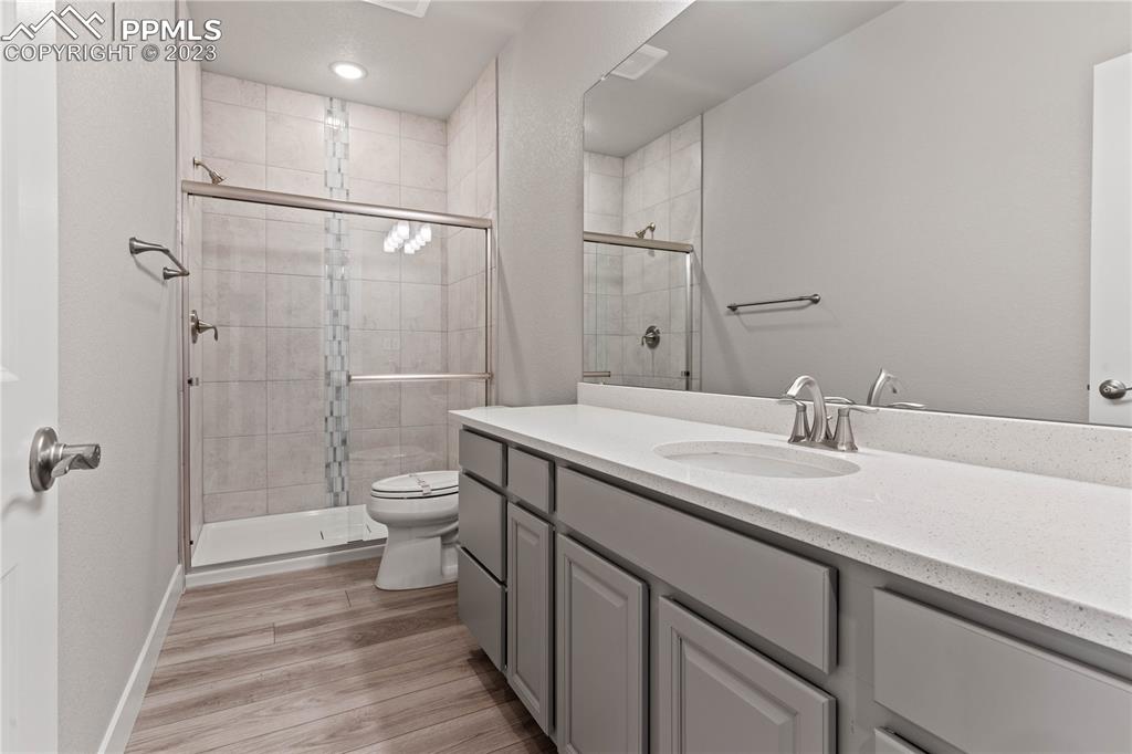 2155 Coyote Mint Drive Monument, CO 80132 - Photo 41 of 45 a bathroom with a granite countertop sink a toilet and shower