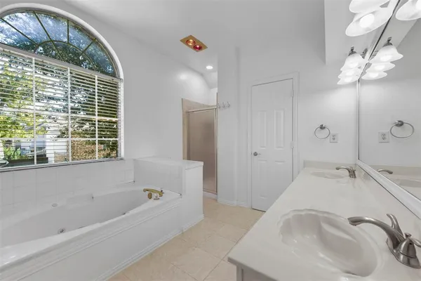 a bathroom with a tub sink and mirror
