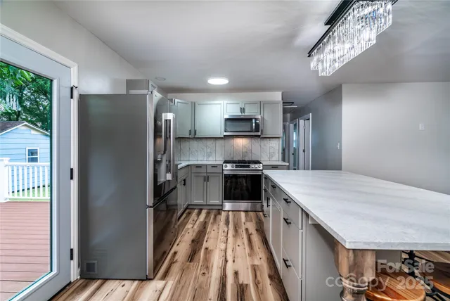 a kitchen with kitchen island a counter space a sink appliances and cabinets