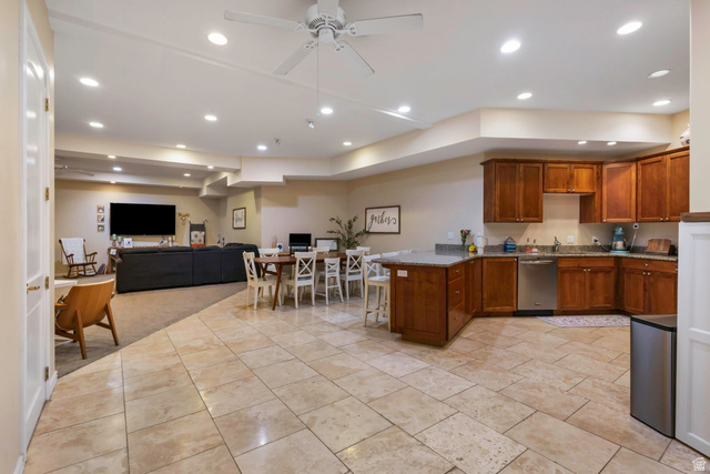 684 North Summit Way Alpine, UT 84004 - Photo 57 of 58 Kitchen with open floor plan, a peninsula, wood finish cabinetry, ceiling fan, and recessed lighting