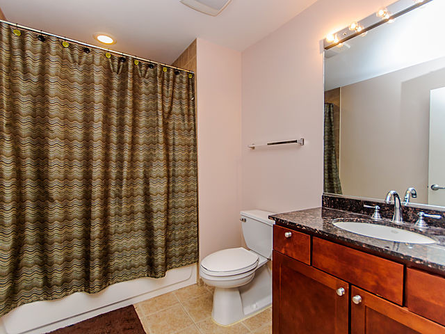 1111 West 15th Street, Unit 111 Chicago, IL 60608 - Photo 10 of 17 a bathroom with a sink a toilet a mirror and shower curtain