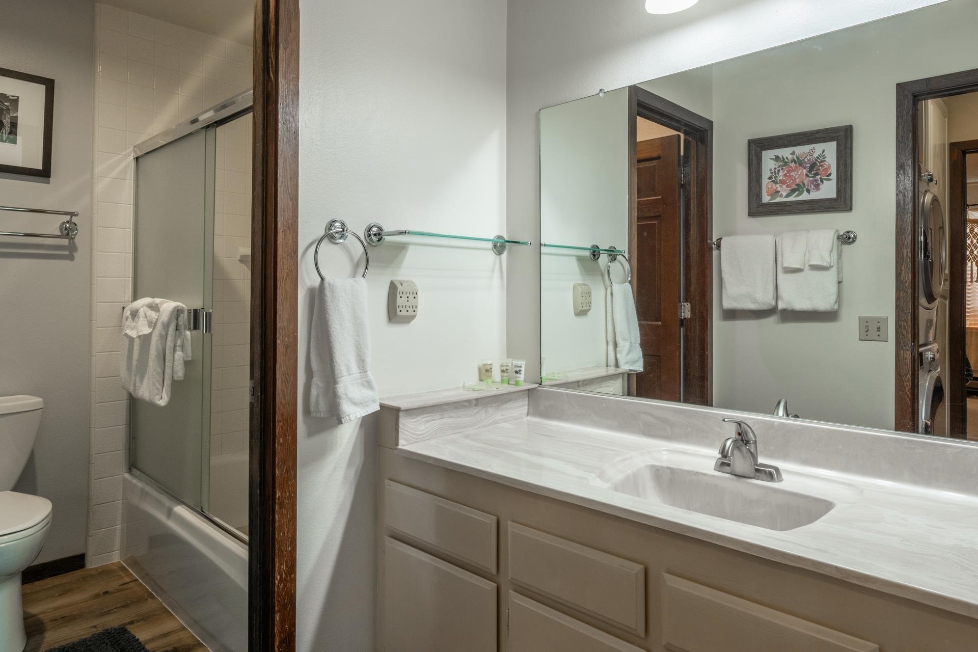 2 Arrowhead Drive, Unit 27 Mammoth Lakes, CA 93546 - Photo 13 of 26 a bathroom with a granite countertop sink toilet and shower