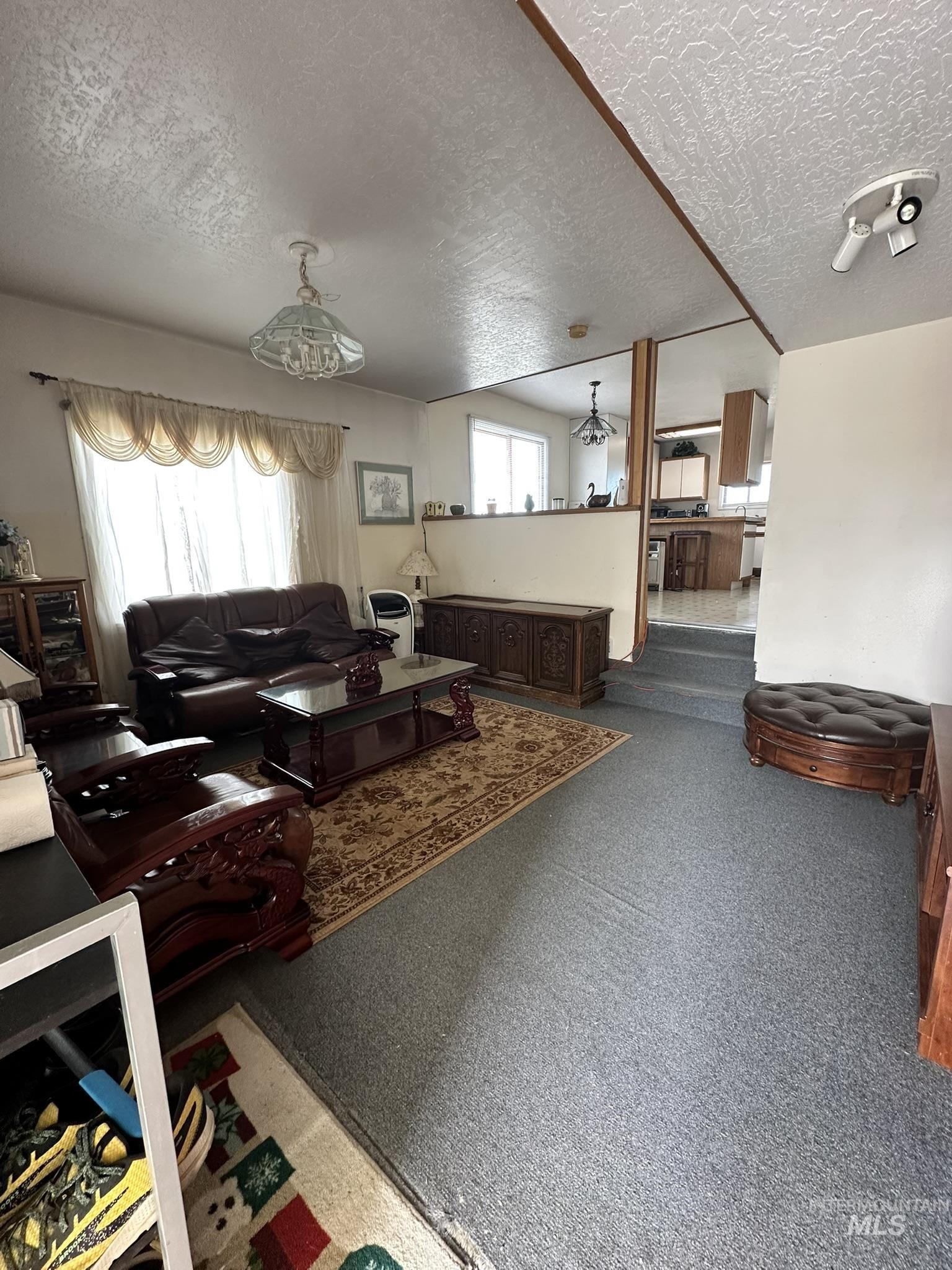 6750 Dearborne Road Nampa, ID 83686 - Photo 9 of 26 Carpeted living room featuring a textured ceiling