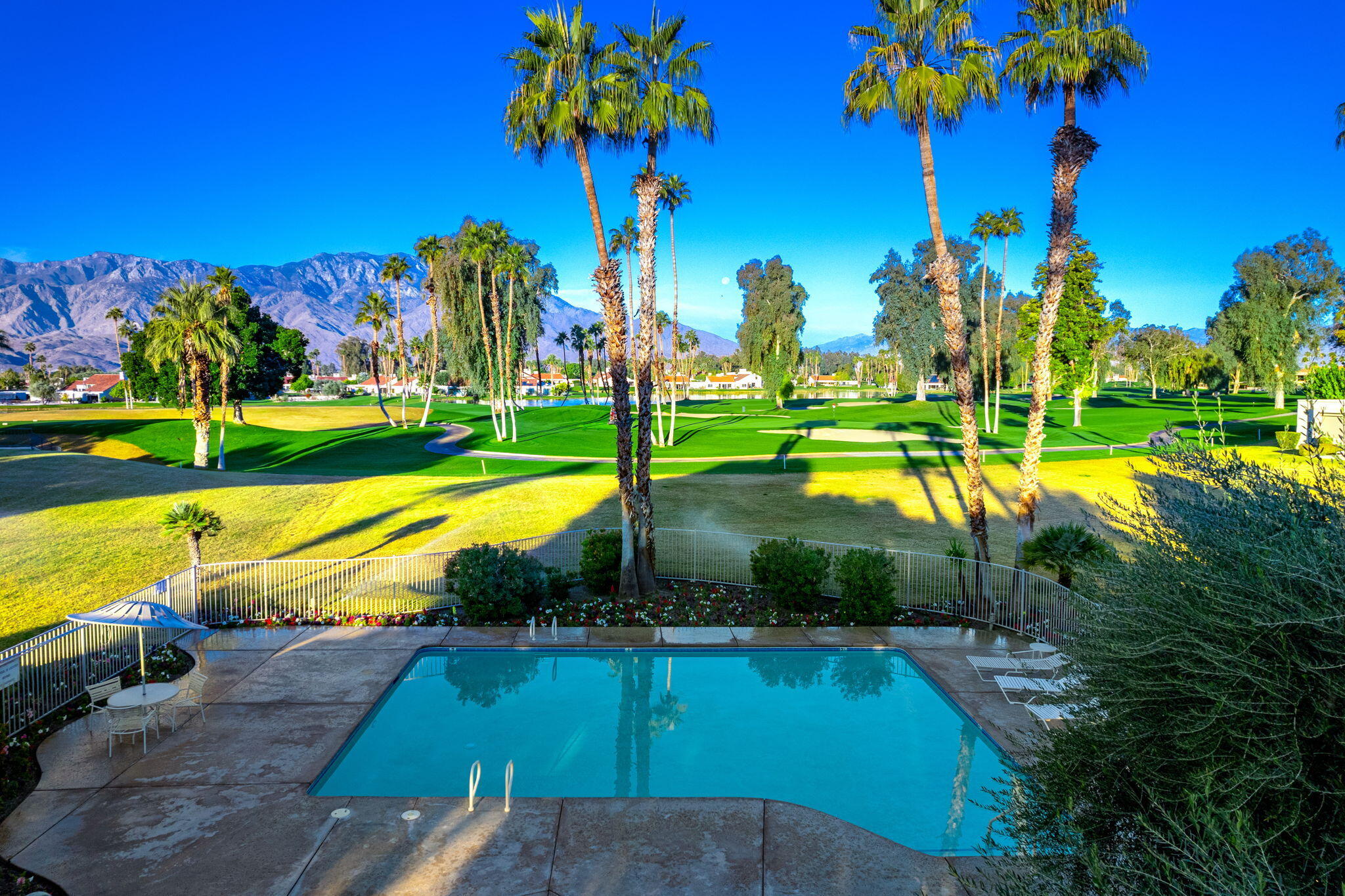 702 Inverness Drive Rancho Mirage, CA 92270 - Photo 48 of 49 a view of a swimming pool with a yard and palm trees