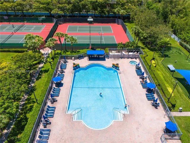 an aerial view of a pool