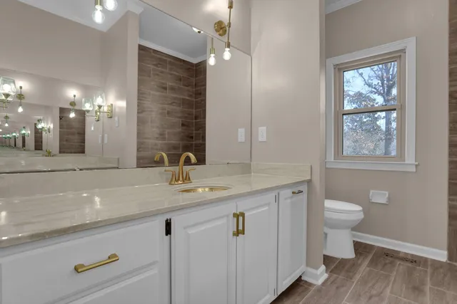 a bathroom with a granite countertop sink a toilet and a mirror