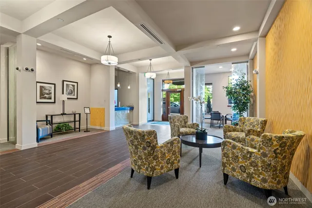 a view of a building with a large window