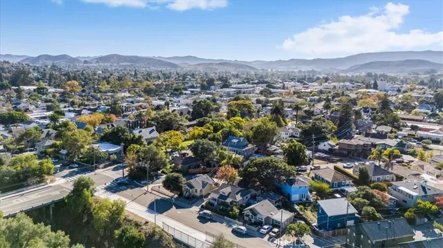 an aerial view of residential houses with outdoor space and trees
