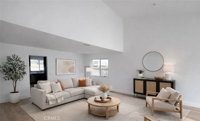 a living room with furniture a window and a potted plant