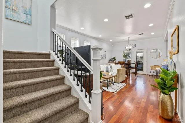 a living room with furniture and a potted plant