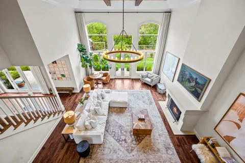 a living room with furniture a rug and a potted plant