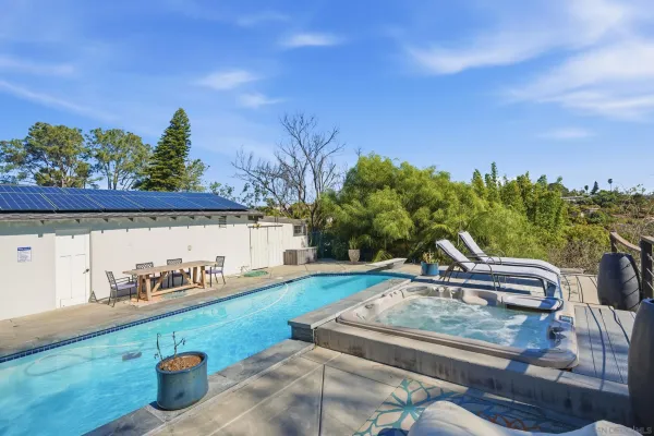 a view of a swimming pool with a yard