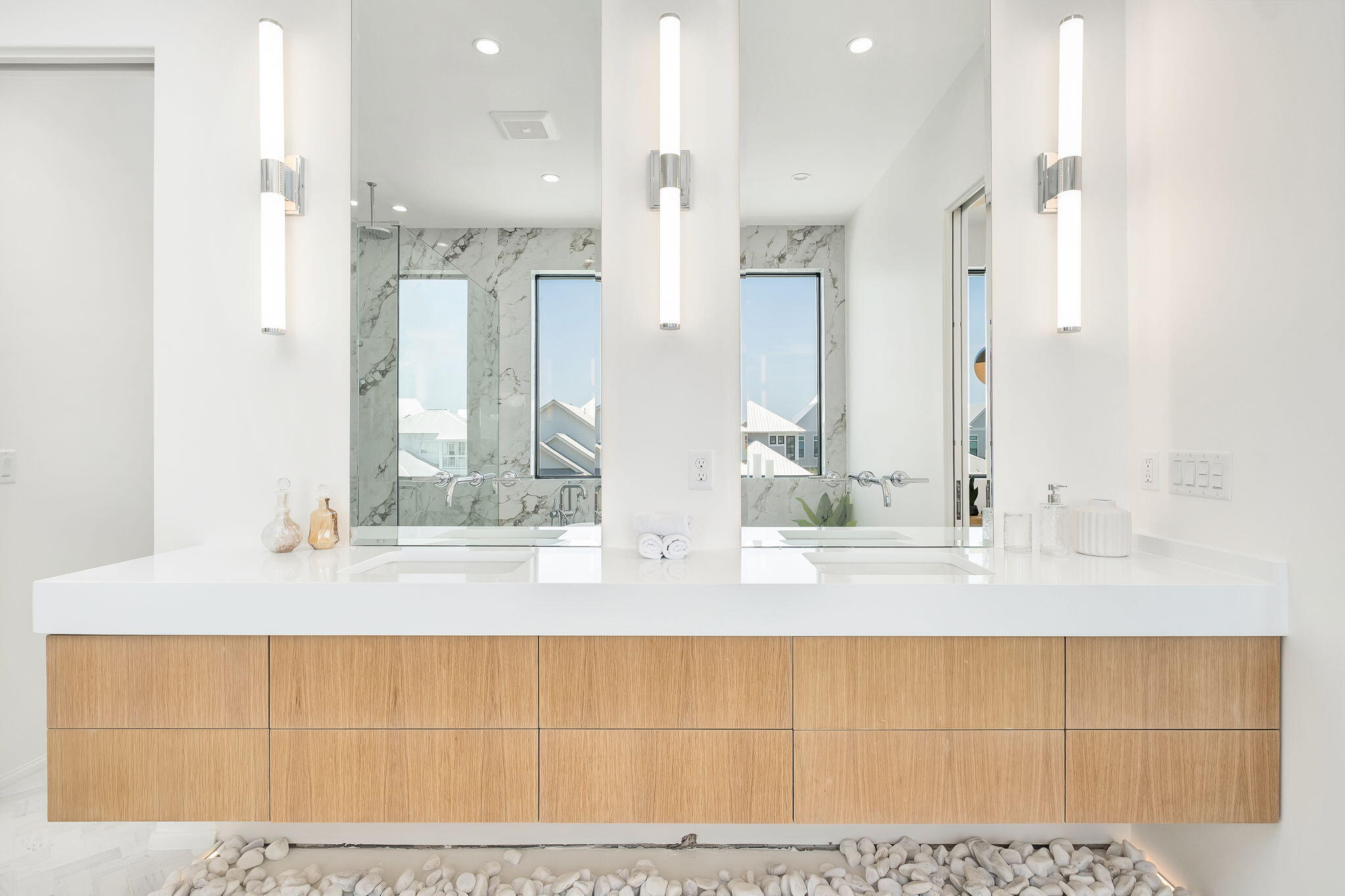 238 Sand Oaks Circle Santa Rosa Beach, FL 32459 - Photo 21 of 26 a bathroom with a double vanity sink mirror and shower