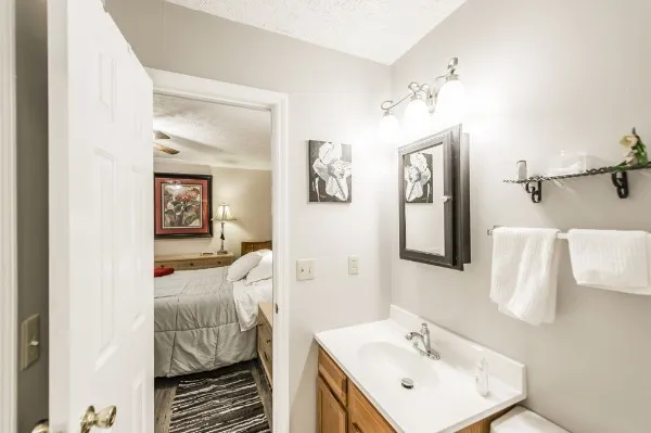 a bathroom with a sink and mirror