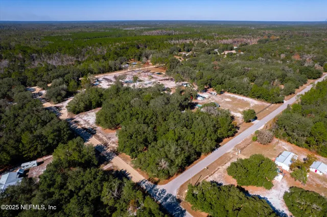 an aerial view of a town with trees