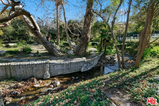 a view of a park with large trees