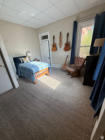 541 300 North Provo, UT 84606 - Photo 30 of 36 Carpeted room featuring a white paneled door with transom window, baseboard molding, and a grid-patterned ceiling