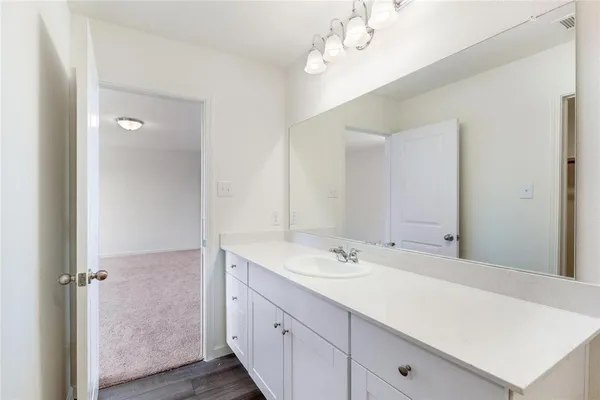 a bathroom with a sink double vanity and a mirror