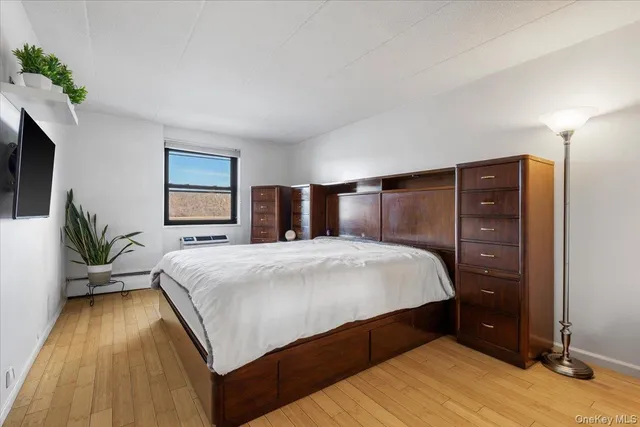 a bedroom with a bed and a large closet