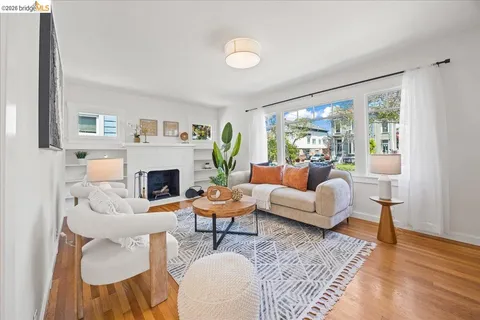 a living room with furniture a fireplace and a potted plant