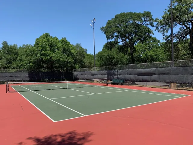 a view of swimming pool with seating area and trees in the background