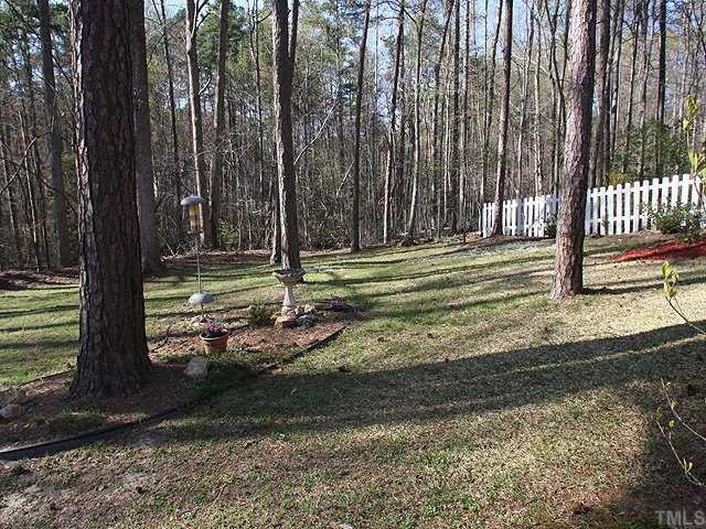 7933 Brandyapple Drive Raleigh, NC 27615 - Photo 11 of 12 This yard is the perfect combination of a flat grassy area and a natural buffer with mature trees to provide privacy.
