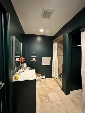 a bathroom with a sink a toilet and a mirror