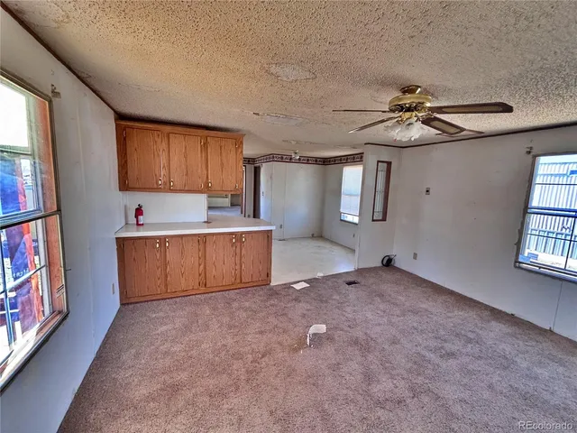 a room with natural light appliances and cabinets