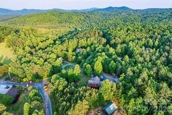 a view of a lush green forest with a house