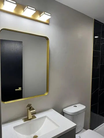 a bathroom with a sink a toilet and mirror