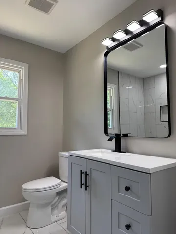 a bathroom with a toilet sink and mirror