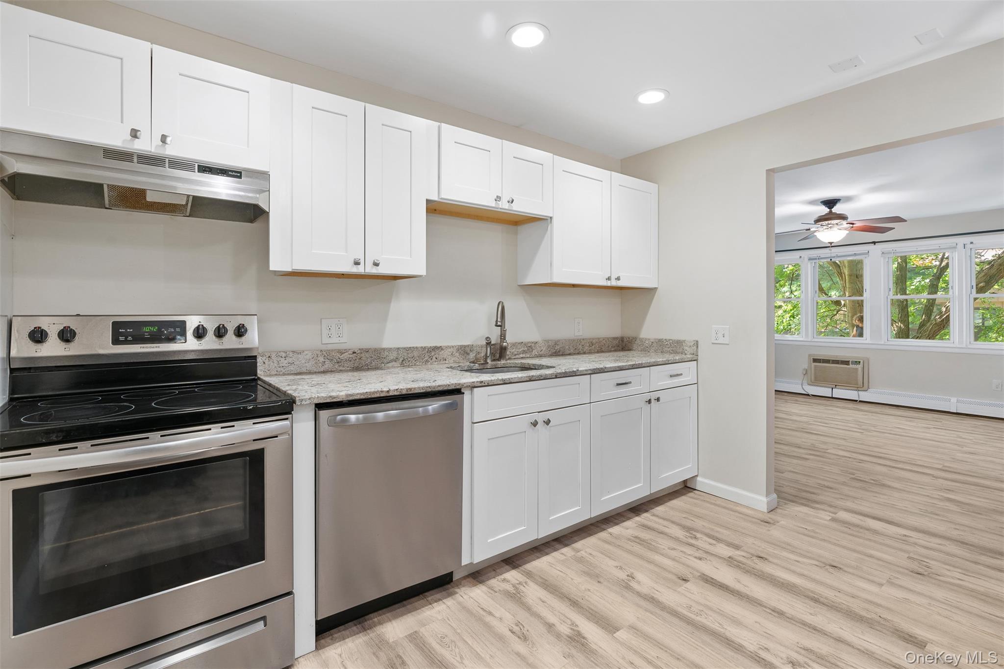 68 Gerald Drive, Unit D1 Poughkeepsie, NY 12601 - Photo 13 of 29 Kitchen with appliances with stainless steel finishes, under cabinet range hood, light wood finished floors, white cabinets, and ceiling fan