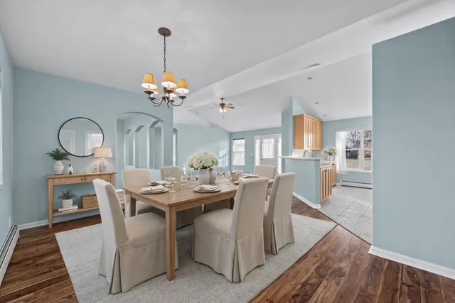 a view of a dining room with furniture