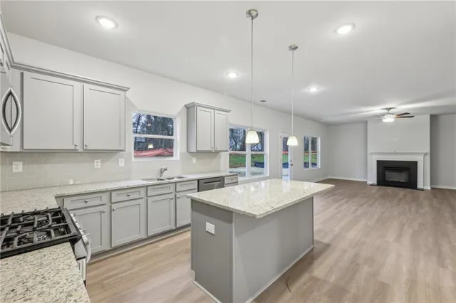 a large kitchen with stainless steel appliances granite countertop a sink and dishwasher with white cabinets