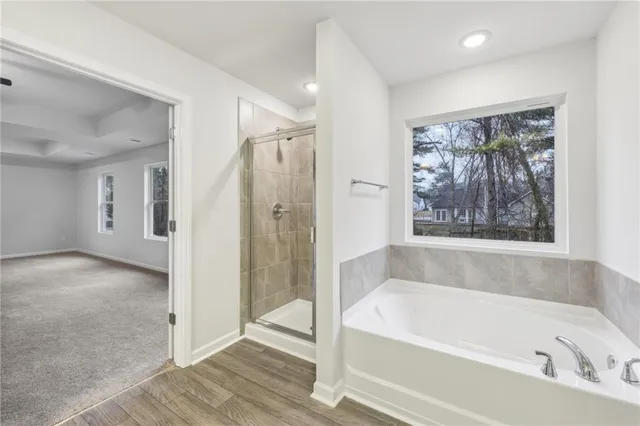 a bathroom with a bathtub and a shower
