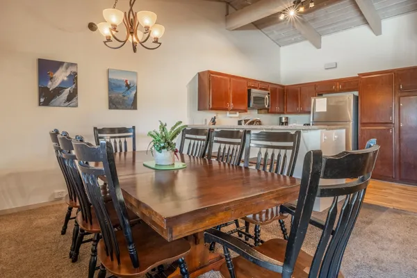 a view of a dining room with furniture