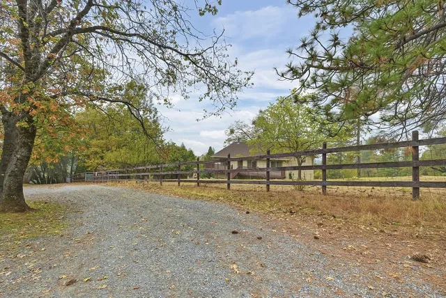 a view of a yard with wooden fence