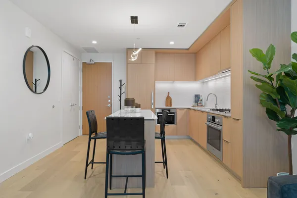 a kitchen with stainless steel appliances granite countertop white cabinets a stove a sink and a potted plant